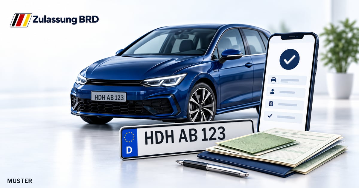 Online Fahrzeugzulassung in Heidenheim (Brenz): Musterkennzeichen HDH AB 123, Auto und Fahrzeugpapiere und Smartphone. Illustration mit Logo von Zulassung BRD.